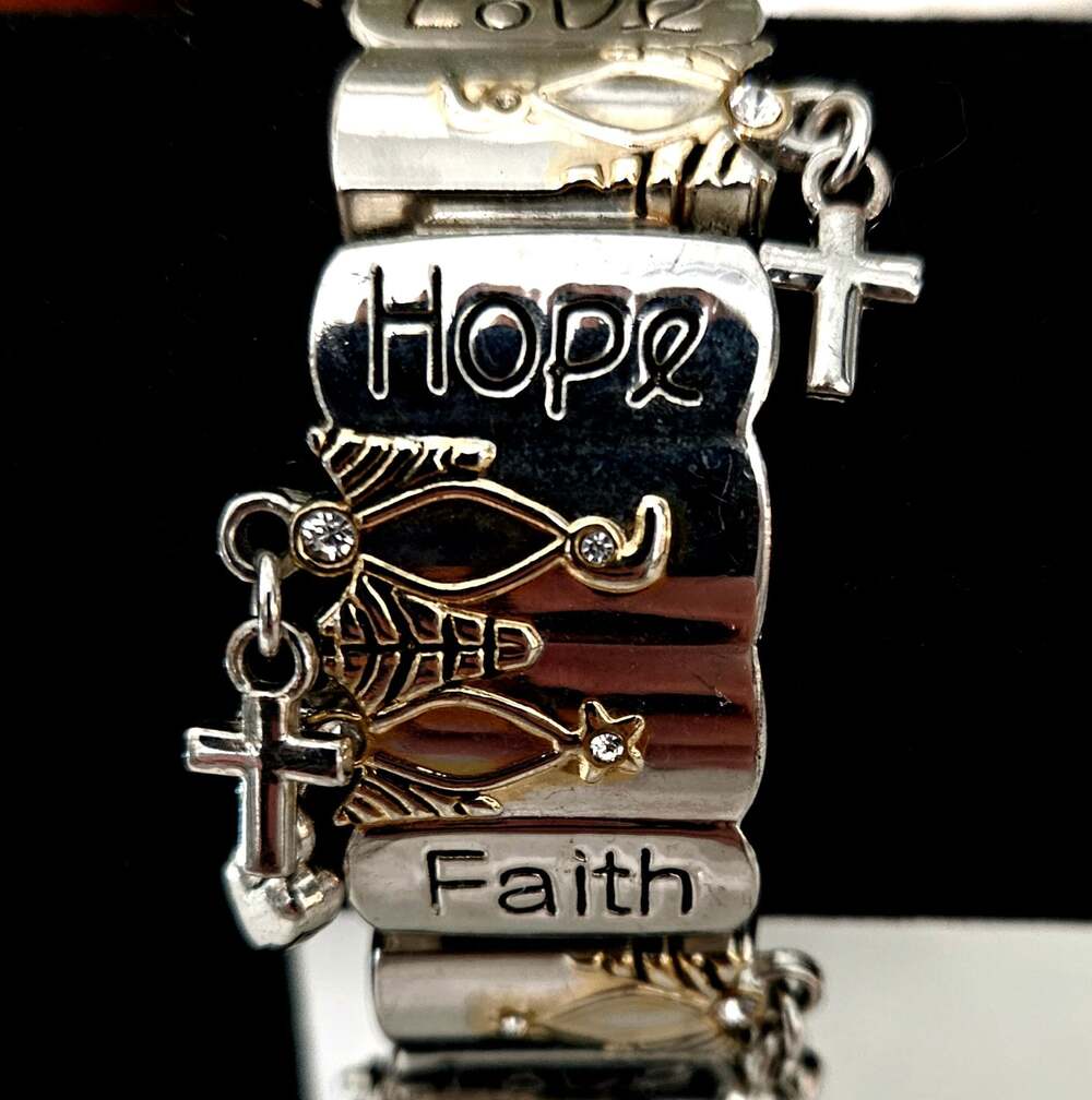 Faith Hope Love Two-Tone Stretch Bracelet with Cross and Heart Charms